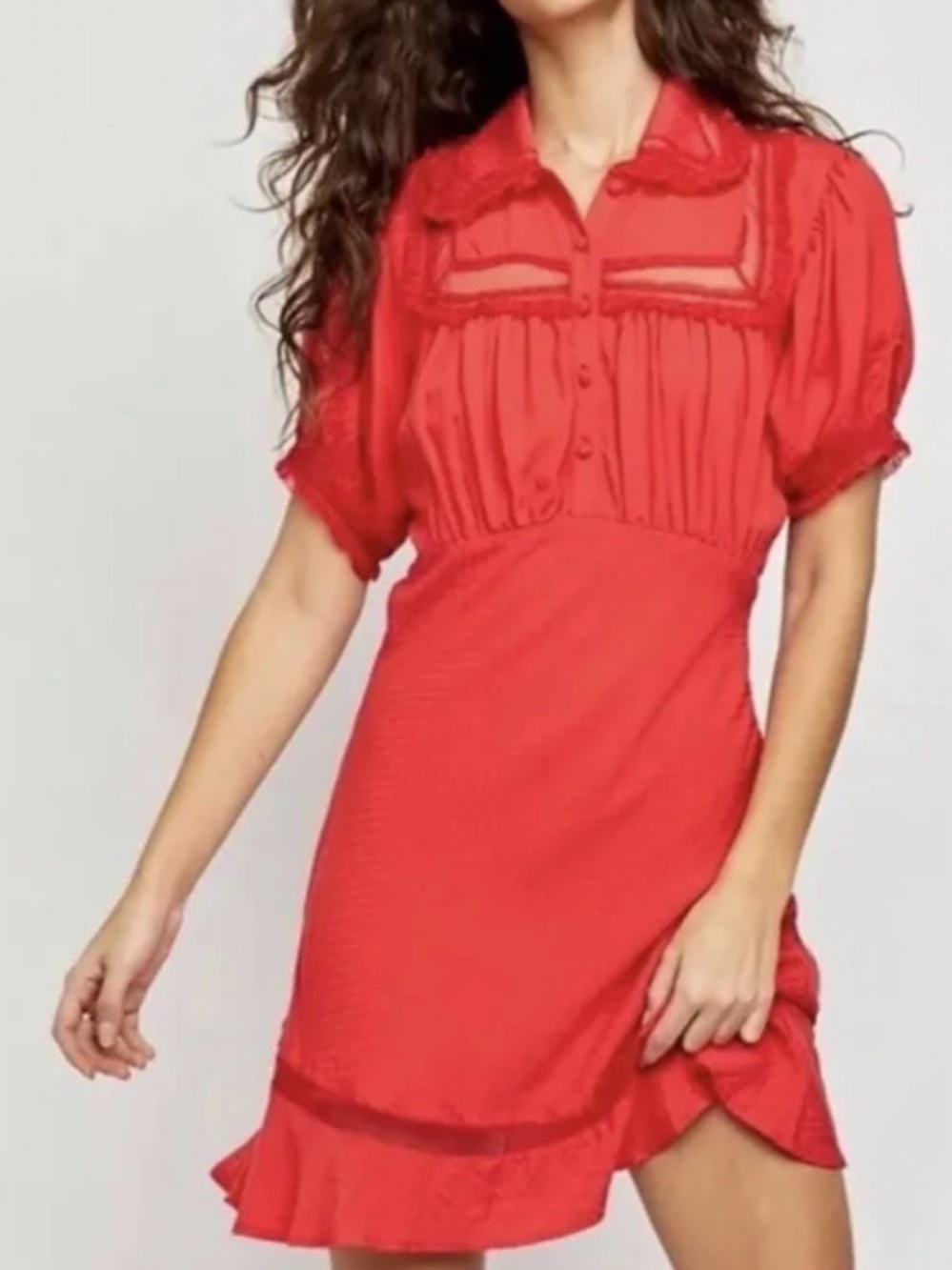 Free People Red Short-Sleeve Ruffle Dress